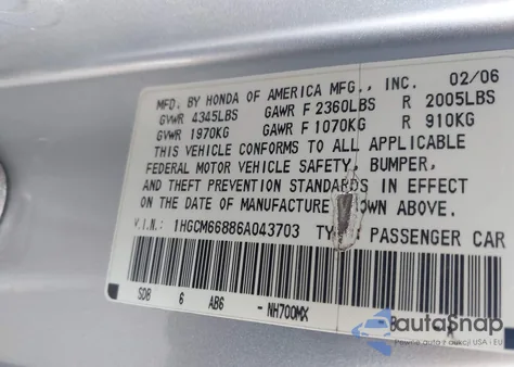 2006 Honda Accord 3.0 Ex from USA, damaged, VIN 1HGCM66886A043703